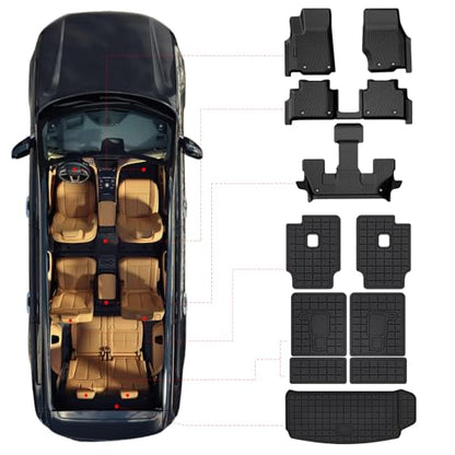 Floor Mats & Cargo Liner for 2021-2025 Jeep Grand Cherokee L (6-Passenger Without Center Console) - All Weather TPE Custom Fit, 1-3 Rows & Second-Row backrest Protectors - size: 2021-25|CherokeeL6|full Set
