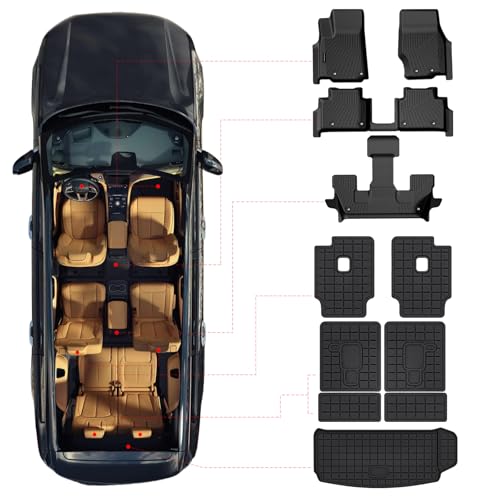 Floor Mats & Cargo Liner for 2021-2025 Jeep Grand Cherokee L (6-Passenger Without Center Console) - All Weather TPE Custom Fit, 1-3 Rows & Second-Row backrest Protectors - size: 2021-25|CherokeeL6|full Set