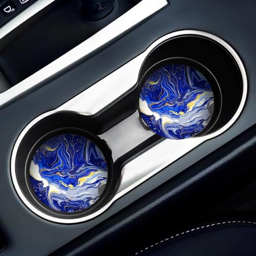 Car Coasters for Drinks Absorbent, 2 Pack Cup Holders, 2.56" Ceramic Stone & Non-Scratch Cork Base Coasters Cupholder, Auto Accessories for Women & Men, Blue Marble Gold Natural Luxury
