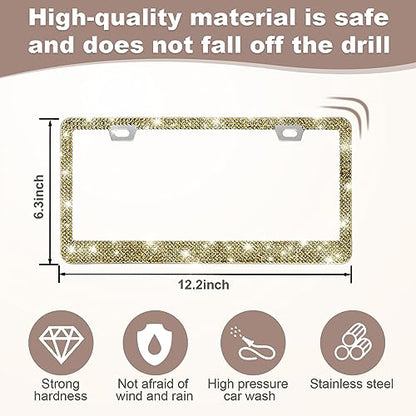 QUANQIUFEI 2 Pack Bling License Plate Frames for Women, Sparkly Rhinestone Diamond Car Accessories with Glitter Crystal Caps (Gold) - color: Gold