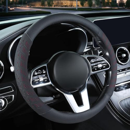 3D Premium Skin-Feel Leather Car Steering Wheel Cover, Anti-Slip Breathable Soft Slim Design, Universal 15 inch, Black with Red - color: Black with Red, size: Round-Medium[14.5''-15'']