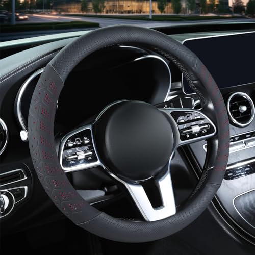 3D Premium Skin-Feel Leather Car Steering Wheel Cover, Anti-Slip Breathable Soft Slim Design, Universal 15 inch, Black with Red - color: Black with Red, size: Round-Medium[14.5''-15'']