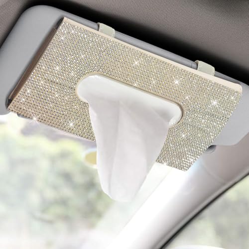 Bling Car Sun Visor Tissue Box Holder, Visor Accessories, Rhinestone PU Leather Crystal Sparkling Napkin Holder, Auto Sun Visor Paper Towel Cover Case Accessories for Most Cars (Beige+White) - color: Beige+white