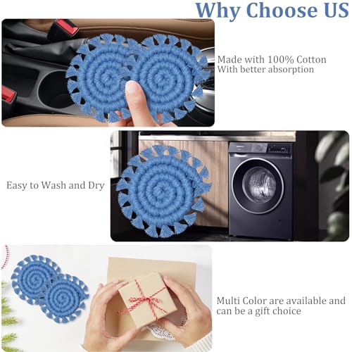 Cotton Car Coasters for Cup Holders, 2 Pack Car Cup Coasters, Drink Coaster Holder Cute Boho Macrame Cupholder Coaster Accessories for Women-3 inch(Blue) - color: Blue