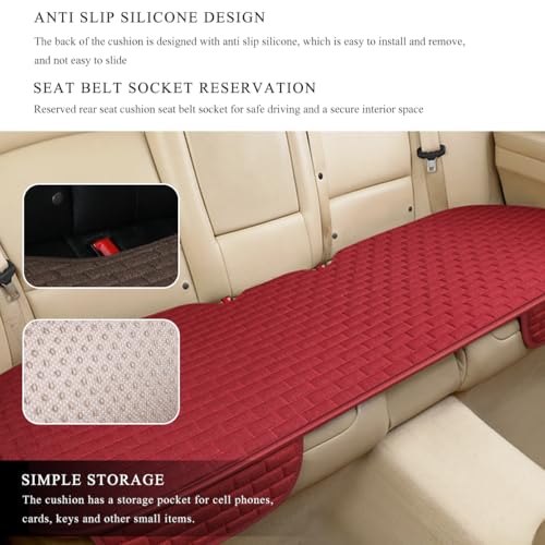 Linen Car Seat Cover, Anti-Slip Bottom Bench Protector Rear Seat Pad with Storage Pockets, Comfy Breathable Long Rear Seat Cushion Pad for Most Vehicles, Car Accessories (Rear Wine Red) - color: Rear Wine Red