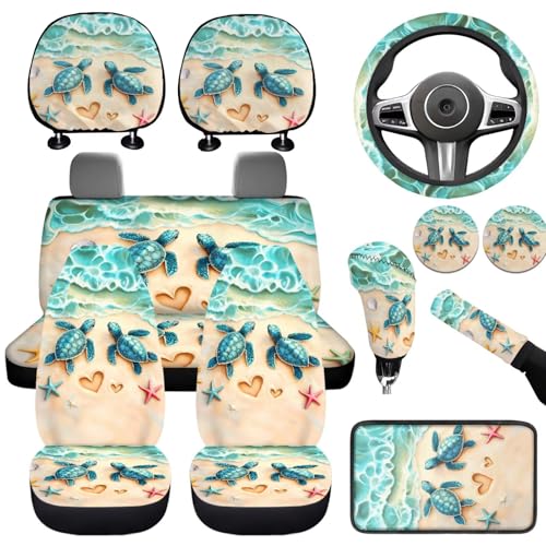 Beach Sea Turtle Car Seat Covers Full Set for Front and Rear 12 Piece Auto Interior Accessories Seat Steering Wheel Cover Armrest Cushion Headrest Covers Universal Fit for Truck Vans Suvs - color: Beach Sea Turtle