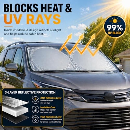 Sienna Windshield Sun Shade, Custom Fit Foldable Front Window Sunshade Visor, Reflective UV and Heat Block Interior Protector, Fits 1998–2025 Models - size: for Sienna 1998-2025