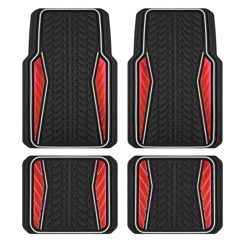PIC AUTO Car Floor Mats, Red Aluminum-Molded with Full-Circle Iridescent Inlay Strip Car Mats, Universal-Fit Rubber Mats for Cars, Trucks & SUVs, All-Weather, Non-Slip, Easy-to-Clean Interior Mats - color: Red