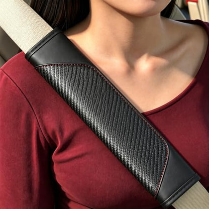Carbon Fiber PU Leather Seat Belt Covers - 2Pcs, Black with Red Stitching Sporty Seat Belt Pads, Universal Fit - color: yd-black