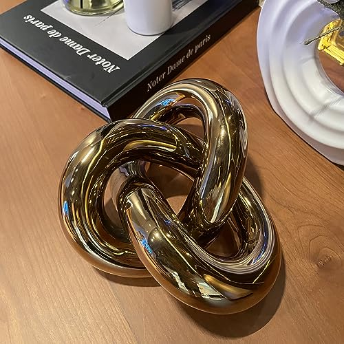 Large Ceramic Gold Knot Statue Décor, Gold Coffee Table Decor, Multi-Angle Abstract Geometric Sculpture Ornament, Modern Home Decor Accents for Living Room, Bedroom, Office