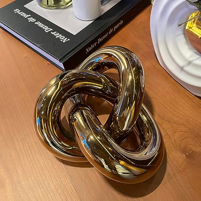 Large Ceramic Gold Knot Statue Décor, Gold Coffee Table Decor, Multi-Angle Abstract Geometric Sculpture Ornament, Modern Home Decor Accents for Living Room, Bedroom, Office