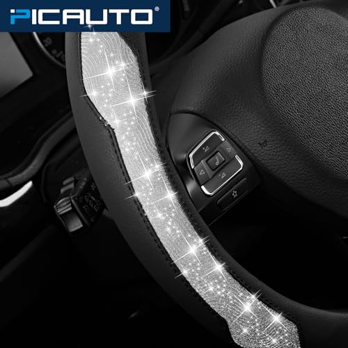 PIC AUTO Steering Wheel Cover, Silver Sparkly Crystal Bling Glitter with Leather, Universal Fit 14.5"-15.5" Car Steering Wheels for Girls & Women, Anti-Slip Wheels Cover for Cars, Trucks, Van, SUVs - color: Silver Glitter