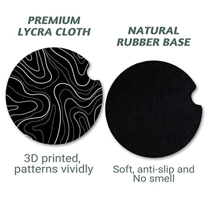Topographic Anti-Slip Rubber Car Cup Mat with 2 Pack Cup Holder Coasters for Men & Women, Cute Interior Accessories - color: Topographic Contour