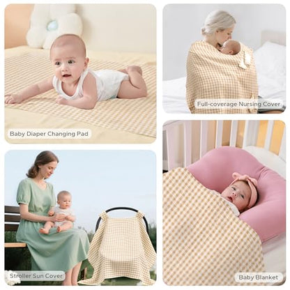 SERAPHY 100% Muslin Cotton Car Seat Covers for Babies, Universal Baby Car Seat Cover, Breathable Muslin Carseat Cover Canopies for Boys and Girls, Soft Infant Car Seat Cover for Summer — Beige - color: Beige