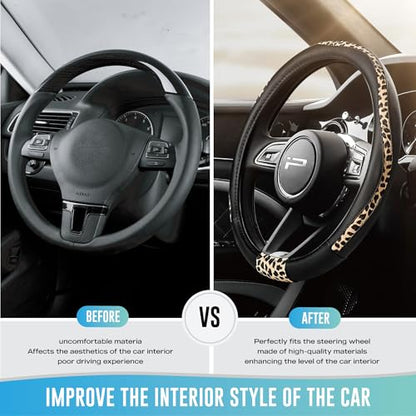 Road Comforts Steering Wheel Cover - Made with PVC Leather and Leopard Fabric - Universal 14 1/2 inches to 15 inches for Most Automotive Steering Wheel - Cheetah Print - Black
