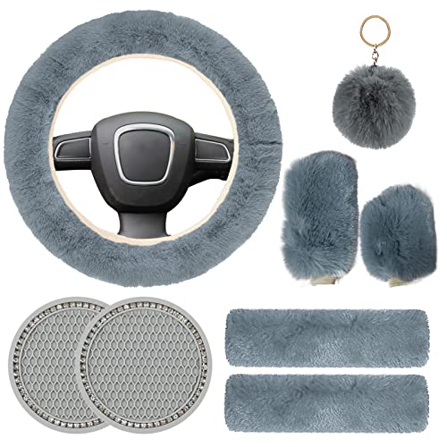 Cute Fluffy Steering Wheel Cover Set for Women, YUNXNYC 1 Set 8 Pieces Fluffy Car Accessories Set Soft Fuzz Handbrake Cover Gear Shift Cover Fur Seat Belt Shoulder Pads Furry Ball Key Chain (Gray) - color: Gray
