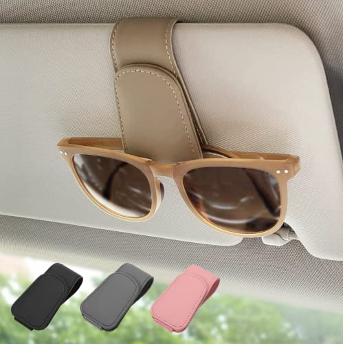 Magnetic Leather Sunglass Holder, Eyeglass Hanger Clip for Car Sun Visor, Suitable for Different Size Eyeglasses (Beige) - color: Beige