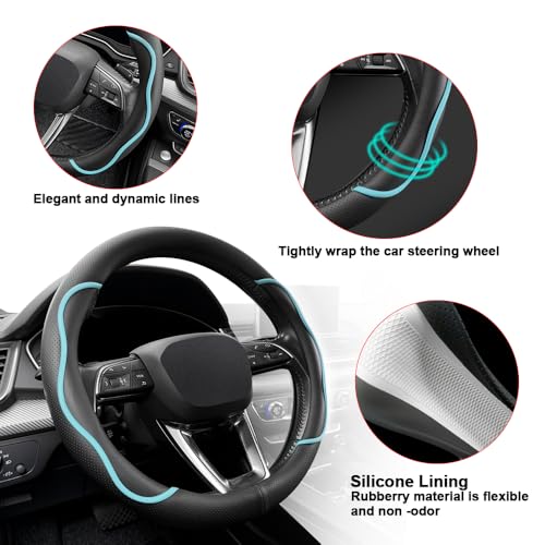 Nappa Leather Steering Wheel Cover. Stylish Striped Design, Universal fit for 14.5–15-inch Steering Wheels, Slip-Resistant and Breathable, Protects the Steering Wheel.Black and Blue - color: Black and Blue