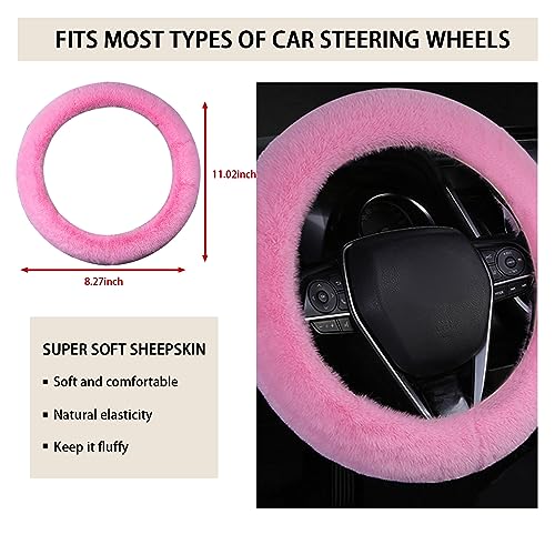 Fuzzy Steering Wheel Cover, 15 inch Soft Wool Fur Steering Wheel Protector, Fluffy Wheel Covers for Winter Warm, Car Interior Decoration Accessories for Women Men (Pink)