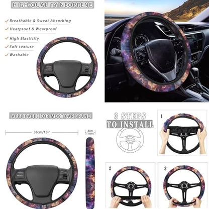 Wolf Planet Galaxy Pattern 15 Pcs Car Accessories Set, Car Interior Covers Set Front Rear Seat Covers Steering Wheel Cover Seat Belt Covers Car Headrest Cover Car Coaster - color: Wolf Planet Galaxy Pattern