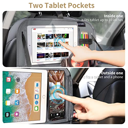 Car Backseat Organizer with Tablet Holder-2 Pcs,6 Storage Pockets Car Storage Organizer with Foldable Food Tray Protectors Kick Mats Travel Accessories-Grey - color: Gunmetal Grey, size: 2 Pack with Food Tray
