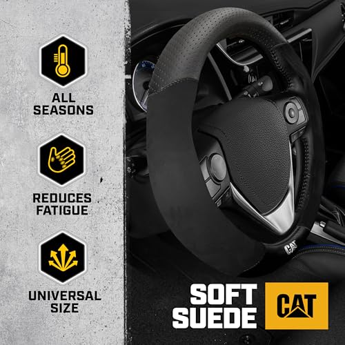 Cat® Steering Wheel Cover - Suede/PU Leather Black/Gray w/Chrome Logo, Durable & Comfortable with Advanced Grip, Car Steering Wheel Cover for Auto Truck Van SUV - Standard 14.5" - 15 Inches - color: Black/Gray Suede, size: Standard (14.5-15")