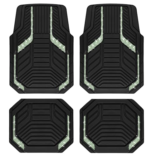 PIC AUTO Car Floor Mats, Green Sparkly Crystal Bling Glitter Car Mats Set, Front and Rear Heavy Duty Rubber Car Mats with Anti-Slip Backing, All Weather, Trim-to-Fit for Automotive SUVs, Sedan, Vans - color: Green Glitter