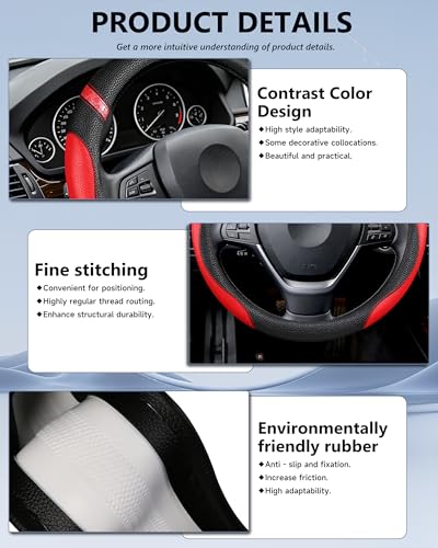 Steering Wheel Cover for Women Leather Universal Steering Wheel Cover for Car 15 inch (Red) - color: Red