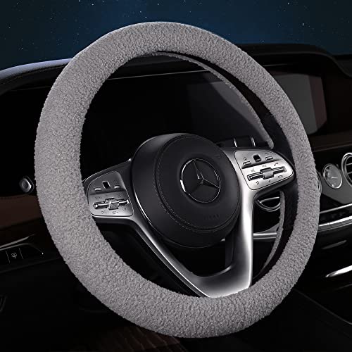Furry Winter Car Steering Wheel Cover for Women, Soft Fleece Plush Warm Universal Auto Accessories for Jeep, Truck, Van, F150, Fuzzy, Anti Slip, Gray, Large Size, 15.2-16in