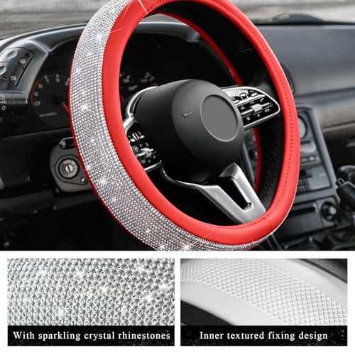 Diamond Leather Steering Wheel Cover, 15 Inch Bling Crystal Rhinestone Anti-Slip Wheel Protector, Universal Sparkling Elegant Diamond Steering Wheels Cover for Women Girl (White&Red) - color: White&Red