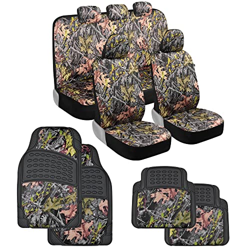 BDK Camo Car Seat Covers Full Set with Floor Mats – Complete Interior Protection Set, Realistic Green Forest Camouflage Pattern, Camoflauge Interior Accessories for Auto Truck Van & SUV - color: Combo Set with Floor Mats
