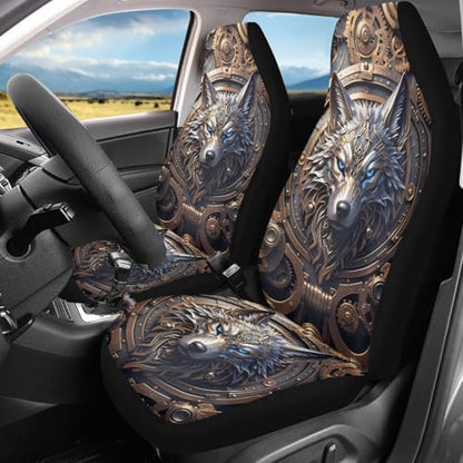 Blue & Gold Punk Wolf Print Car Front Seat Covers, Thin Breathable Easy to Install Automotive Bucket Seat Covers Fits Most Cars SUV Trucks, 2 Piece - color: Blue & Gold Punk Wolf