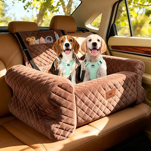 Dog Car Seat for Medium/Large Dogs up to 60 lbs, Memory Foam Dog Booster Seat with Thick Cushion, Pet Car Seat for Back with Detachable Washable Cover, Storage Pockets for SUV, Pick Up, Trunk, Brown - color: Brown