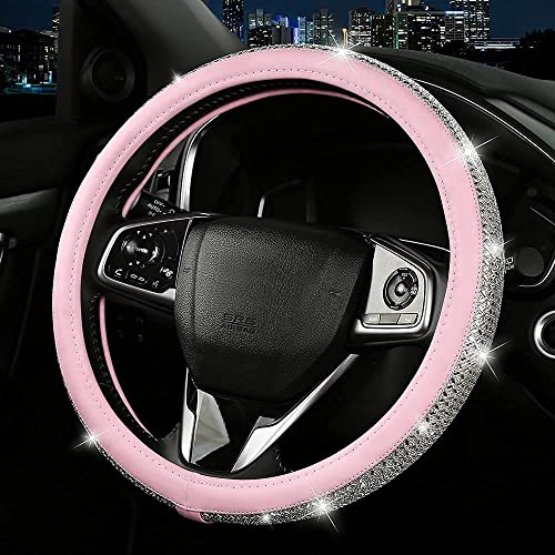 Bling Diamond Leather Steering Wheel Cover, Pink Steering Wheel Covers for Women Girls with Crystal Rhinestones, Universal Fit 14.5“-15" Car Steering Wheel Bling Cover Accessories - color: Crystal White Diamond