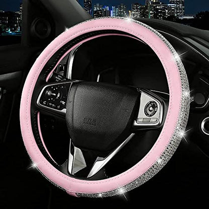 Bling Diamond Leather Steering Wheel Cover, Pink Steering Wheel Covers for Women Girls with Crystal Rhinestones, Universal Fit 14.5“-15" Car Steering Wheel Bling Cover Accessories - color: Crystal White Diamond