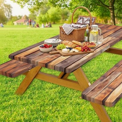 Rustic Wood Table Cover with Bench Covers Waterproof Windproof Elastic Fitted Outdoor Camping RV Tablecloths with Drawstring Bag Reusable Rectangle Rectangle Tables and Seats Cover 30X96IN - color: Brown, size: 30" x 96" (Rectangular)