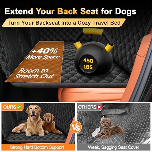 Back Seat Extender for Dogs, Holds 450 lbs, Hard Bottom Waterproof Dog Car Seat Cover with Door Protectors, 600D Heavy Duty Scratch Proof & Nonslip Dog Hammock with Mesh Window for Car, SUVs