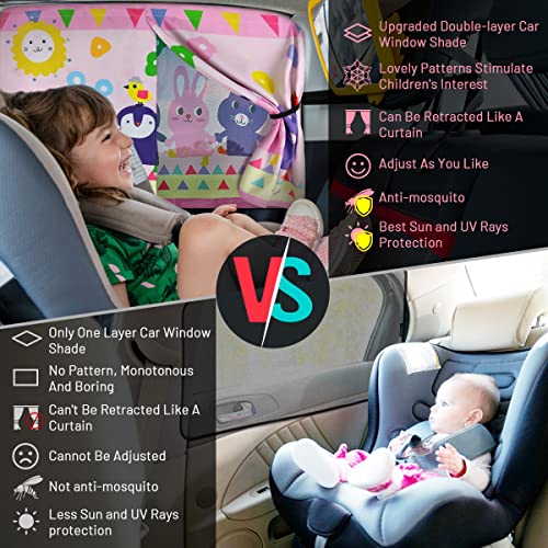 Car Window Shade for Baby, 2pcs Magnetic Auto Sun Shades for Side Windows Double Layer Full & Half Shade Options, Cute Patterns Car Window Curtains for Sun Glare Block - color: Pink and Yellow