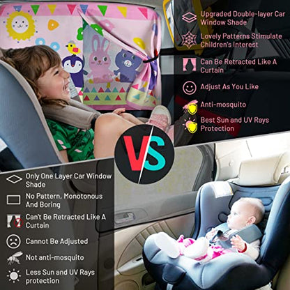 Car Window Shade for Baby, 2pcs Magnetic Auto Sun Shades for Side Windows Double Layer Full & Half Shade Options, Cute Patterns Car Window Curtains for Sun Glare Block - color: Pink and Yellow