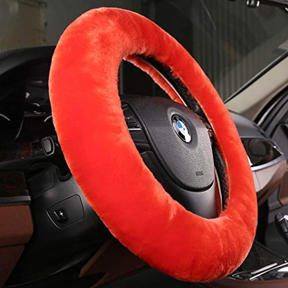 Plush Fuzzy Wool Sheepskin Car Steering Wheel Cover for Girls Women, Protector Universal Car Auto Steering Wheel 14 1/2-15 1/2inchs (Tangerine) - color: Tangerine