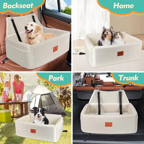 Dog Car Seat for Large Medium Dogs,Washable Pet Carseat Under 55 lbs or 2 Small Dogs,Dog Booster Seat Travel Bed with Thick Cushion,2 Safety Leashes - color: White