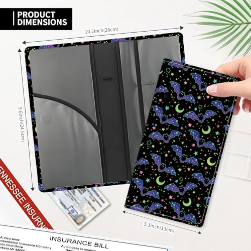 Leather Car Registration and Insurance Card Holder, Cute Car Accessories Vehicle Glove Box Car Organizer for Documents, Cards, License Cute Purple Bats Stars