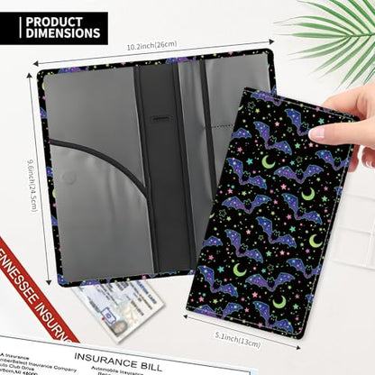 Leather Car Registration and Insurance Card Holder, Cute Car Accessories Vehicle Glove Box Car Organizer for Documents, Cards, License Cute Purple Bats Stars