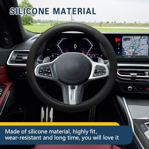 Car Steering Wheel Cover, 13 to 14.17 inches Non-Slip Silicone Steering Wheel Protector, Car Accessories Thin Soft Leather Texture Steering Wheel Protective Cover for Most Cars (Black) - color: Black