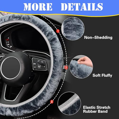 Tianmei Soft Faux Wool Winter Car Stretch-On Steering Wheel Cover (Diameter 13.7in-15.7in,Plush Gray) - color: Plush Gray - Diameter 13.7in-15.7in