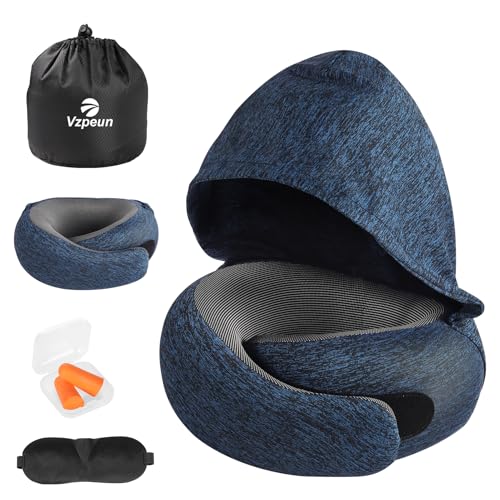 Travel Pillow - Hooded Neck Pillow Airplane Memory Foam Filling for Plane, Office, Cars Sleeping, Road Trip, Long Flights, Airplane Travel Essentials, Includes Eye Mask & Earplugs (Full Blue) - color: Full Blue
