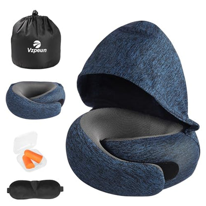 Travel Pillow - Hooded Neck Pillow Airplane Memory Foam Filling for Plane, Office, Cars Sleeping, Road Trip, Long Flights, Airplane Travel Essentials, Includes Eye Mask & Earplugs (Full Blue) - color: Full Blue