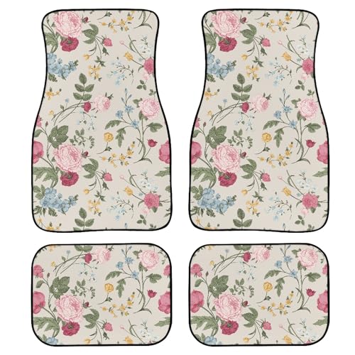 Vintage Rose Car Floor Mats Set of 4,Victorian Bouquets Pink Roses Tulips Blue Anemones Floor mats for Cars Universal Front Rear Vehicle Foot Rugs Colorful Flowers Car Accessories for Trucks - color: Pink Green