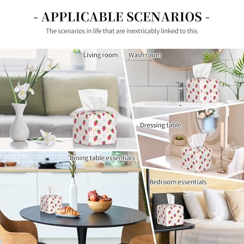 Cute Pink Strawberries Tissue Box Cover Square,Cartoon Strawberry Fruits Tissue Box Holder Waterproof Leather Facial Paper Organizer Dispenser for Bathroom Home Car Nightstand Vanity Desk - color: Color-14