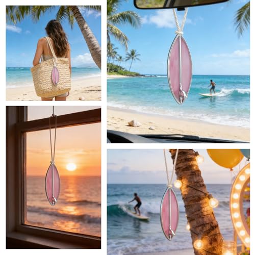 Surfboard Car Decor Charm Beach Rear View Mirror Accessories Stained Glass Car Accessories Ocean Decor Hanging Sun Catcher Surfer for Women Man (Pink)